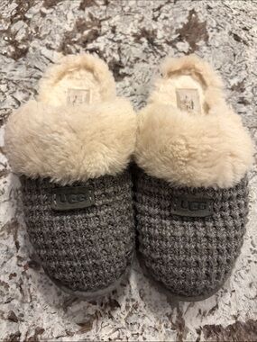 UGG Gray Knit Shearling-Trim Slippers with Cream Fur Cuff